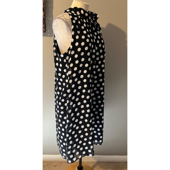 MSK Dress 14 Black White Polka Dot Mock Tie Neck Sleeveless Flowy Washable NEW - Picture 4 of 7